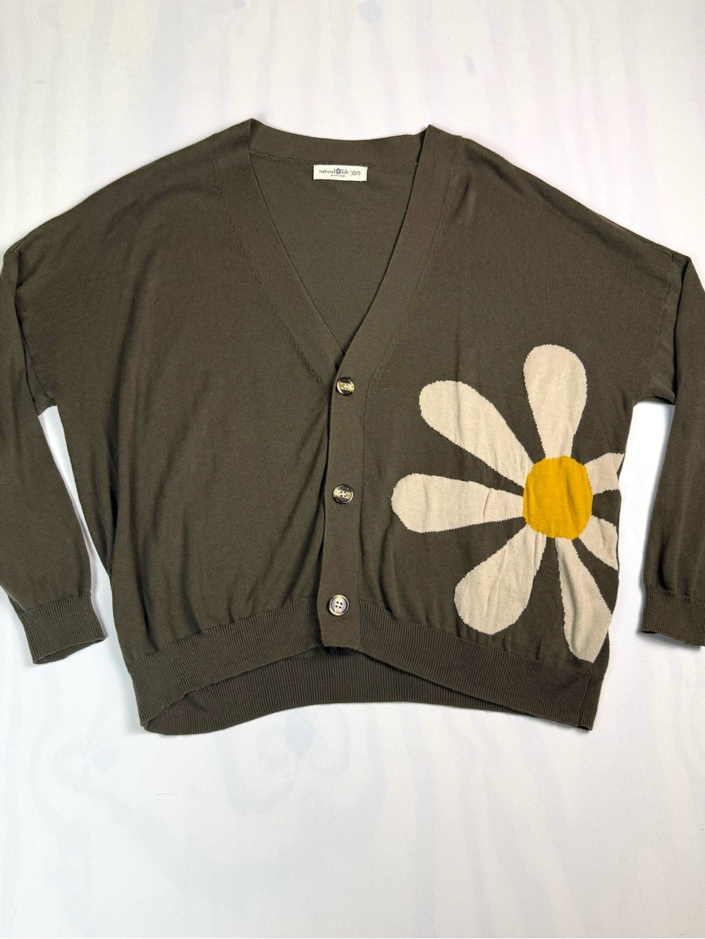 Natural Life XS/S Olive Green Daisy Flower Oversized Cardigan Sweater Cotton